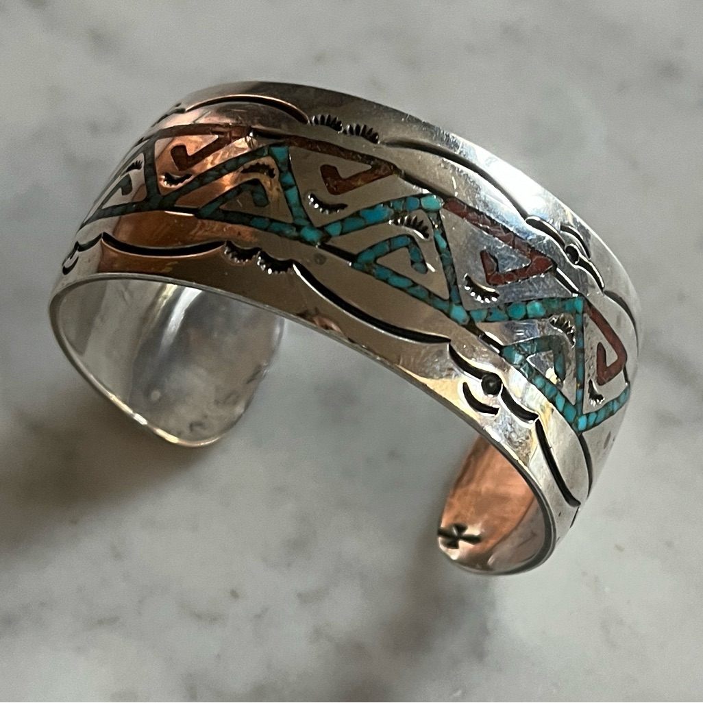 Vintage Navajo Signed Coral Turquoise Chip Inlay Sterling Silver Cuff Bracelet 499$